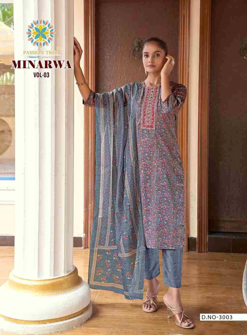 Minarwa Vol-3 By Passion Tree 3001 To 3007 Series Beautiful Stylish Festive Suits Fancy Colorful Casual Wear & Ethnic Wear & Ready To Wear Capsule Print Dresses At Wholesale Price