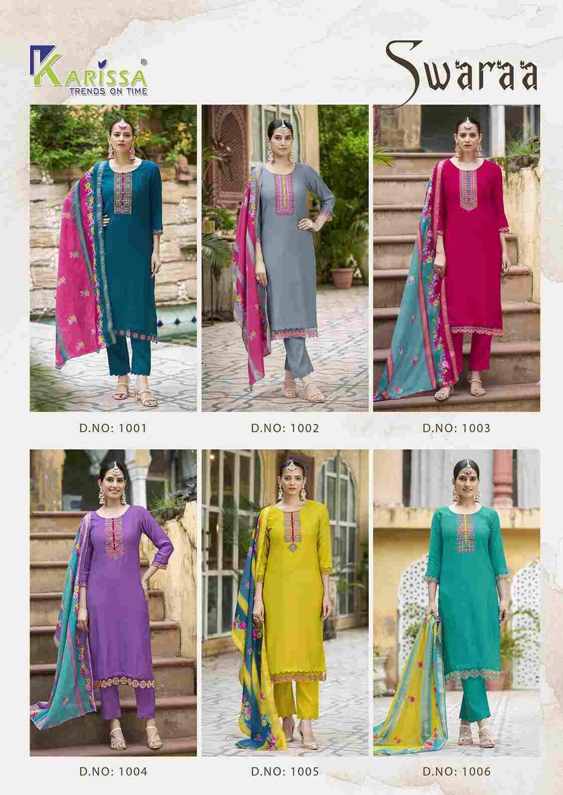 Swaraa By Karissa 1001 To 1006 Series Designer Festive Suits Beautiful Fancy Stylish Colorful Party Wear & Occasional Wear Pure Fancy Embroidered Dresses At Wholesale Price