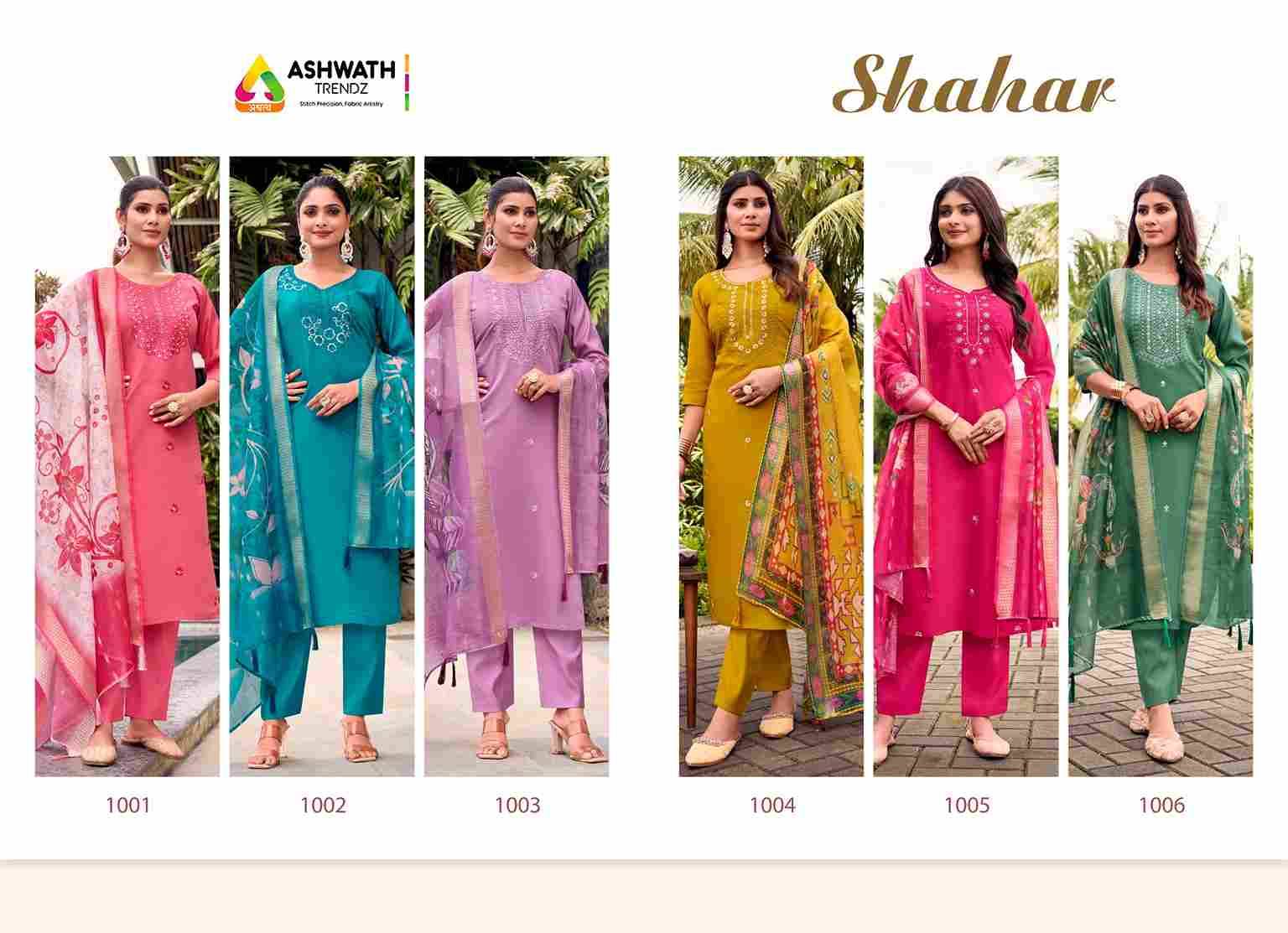 Shahar By Ashwath Trendz 1001 To 1006 Series Beautiful Festive Suits Colorful Stylish Fancy Casual Wear & Ethnic Wear Roman Silk With Work Dresses At Wholesale Price