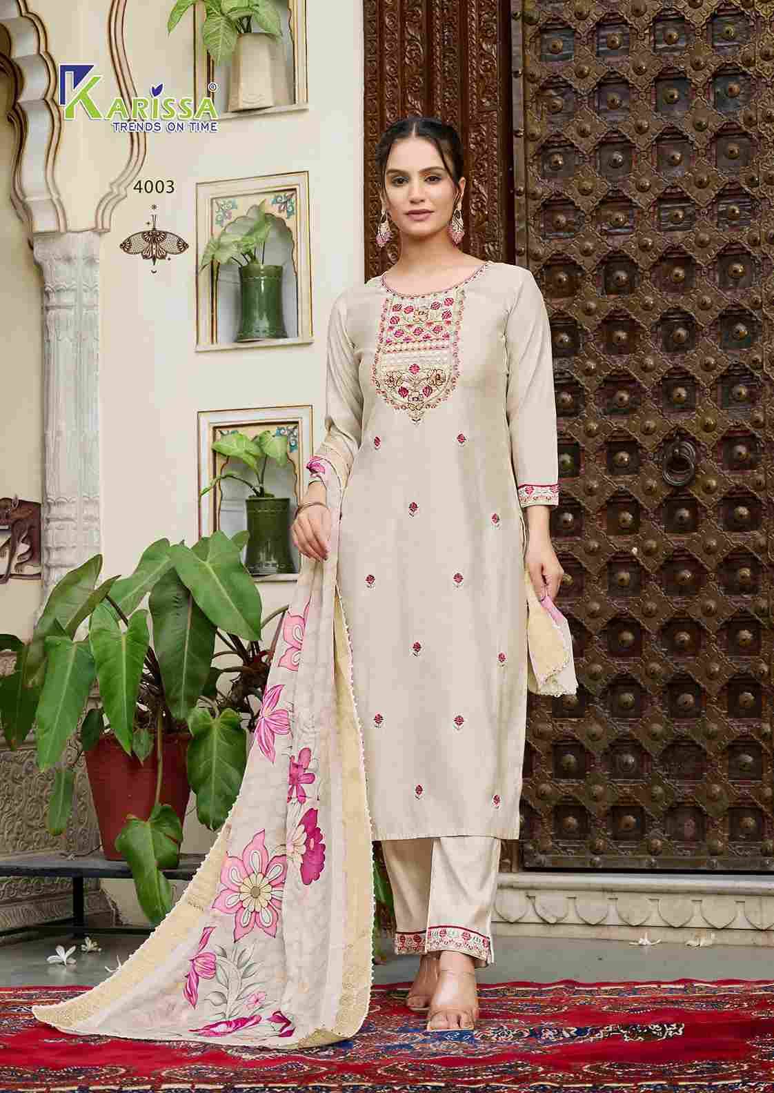 Nora Vol-4 By Karissa 4001 To 4006 Series Beautiful Stylish Festive Suits Fancy Colorful Casual Wear & Ethnic Wear & Ready To Wear Pure Viscose Dresses At Wholesale Price