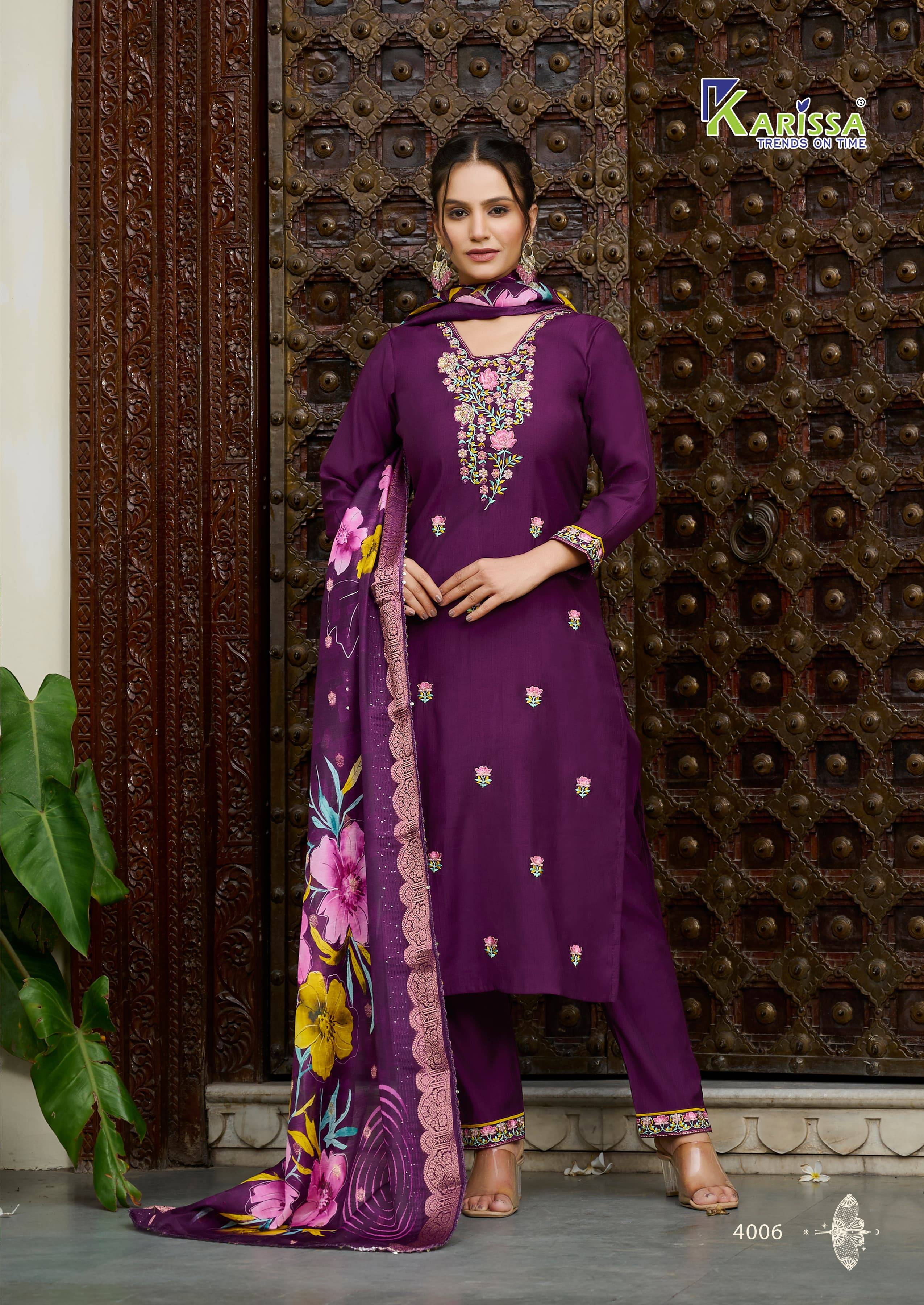 Nora Vol-4 By Karissa 4001 To 4006 Series Beautiful Stylish Festive Suits Fancy Colorful Casual Wear & Ethnic Wear & Ready To Wear Pure Viscose Dresses At Wholesale Price