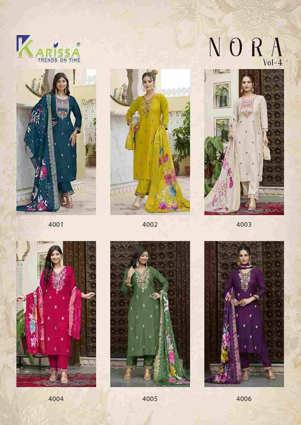 Nora Vol-4 By Karissa 4001 To 4006 Series Beautiful Stylish Festive Suits Fancy Colorful Casual Wear & Ethnic Wear & Ready To Wear Pure Viscose Dresses At Wholesale Price