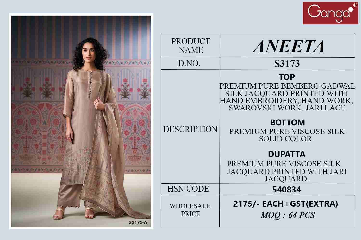 Aneeta-3173 By Ganga Fashion 3173-A To 3173-D Series Beautiful Festive Suits Colorful Stylish Fancy Casual Wear & Ethnic Wear Pure Bemberg Silk Jacquard Dresses At Wholesale Price