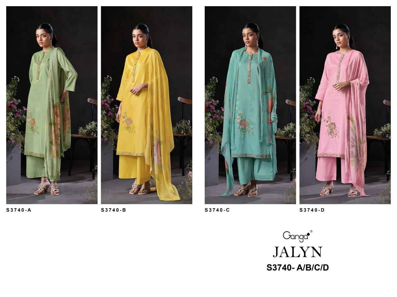 Jalyn-3740 By Ganga Fashion 3740-A To 3740-D Series Beautiful Festive Suits Colorful Stylish Fancy Casual Wear & Ethnic Wear Pure Cotton Satin Dresses At Wholesale Price