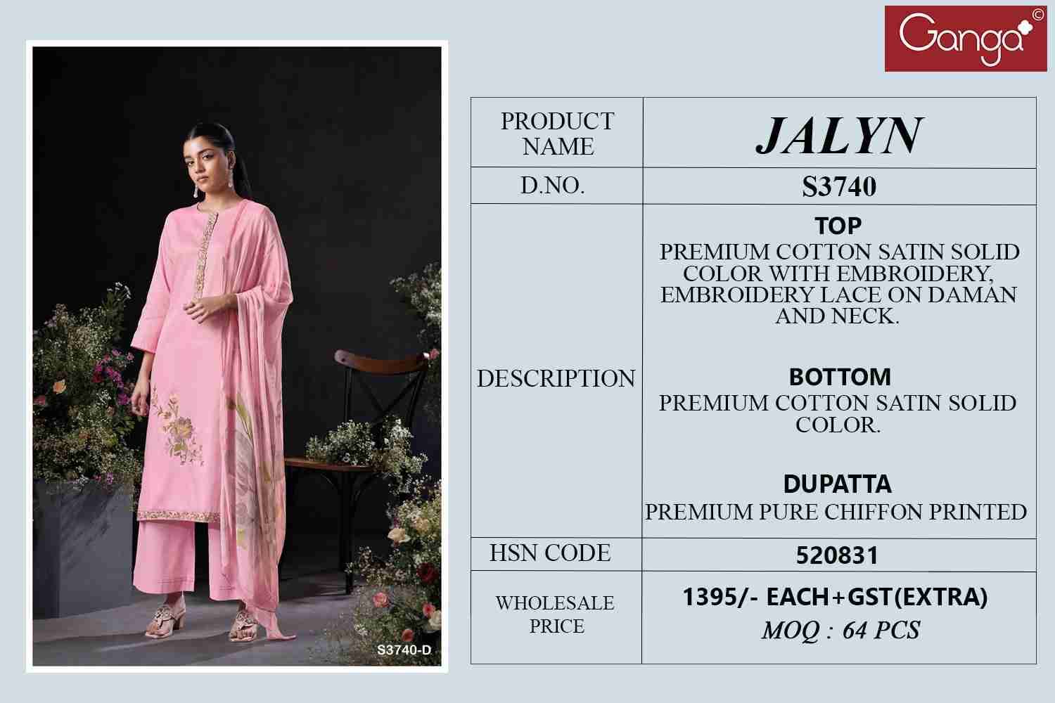 Jalyn-3740 By Ganga Fashion 3740-A To 3740-D Series Beautiful Festive Suits Colorful Stylish Fancy Casual Wear & Ethnic Wear Pure Cotton Satin Dresses At Wholesale Price