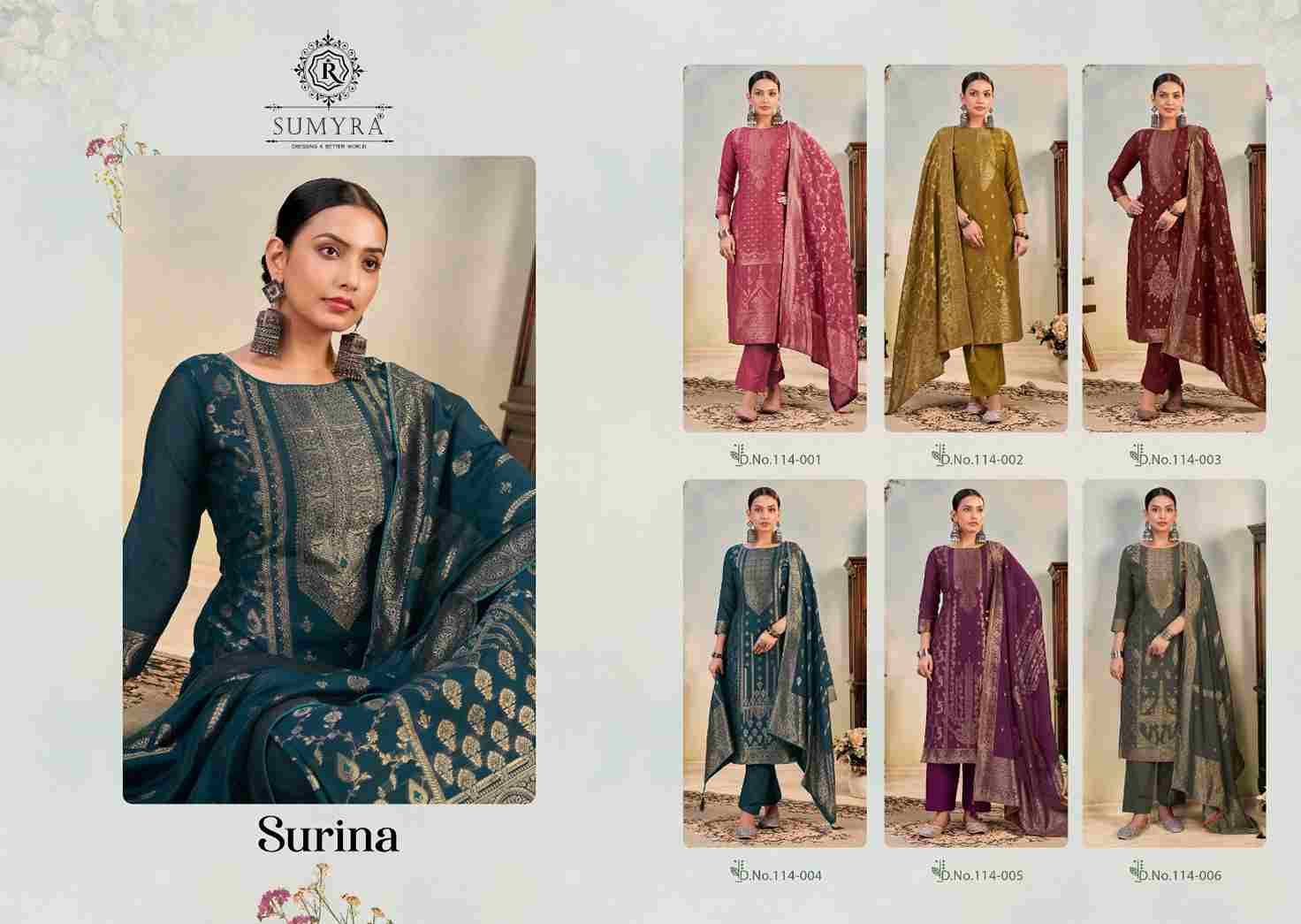 Surina By Sumyra 114-001 To 114-006 Series Beautiful Festive Suits Stylish Fancy Colorful Casual Wear & Ethnic Wear Cotton Jacquard Dresses At Wholesale Price