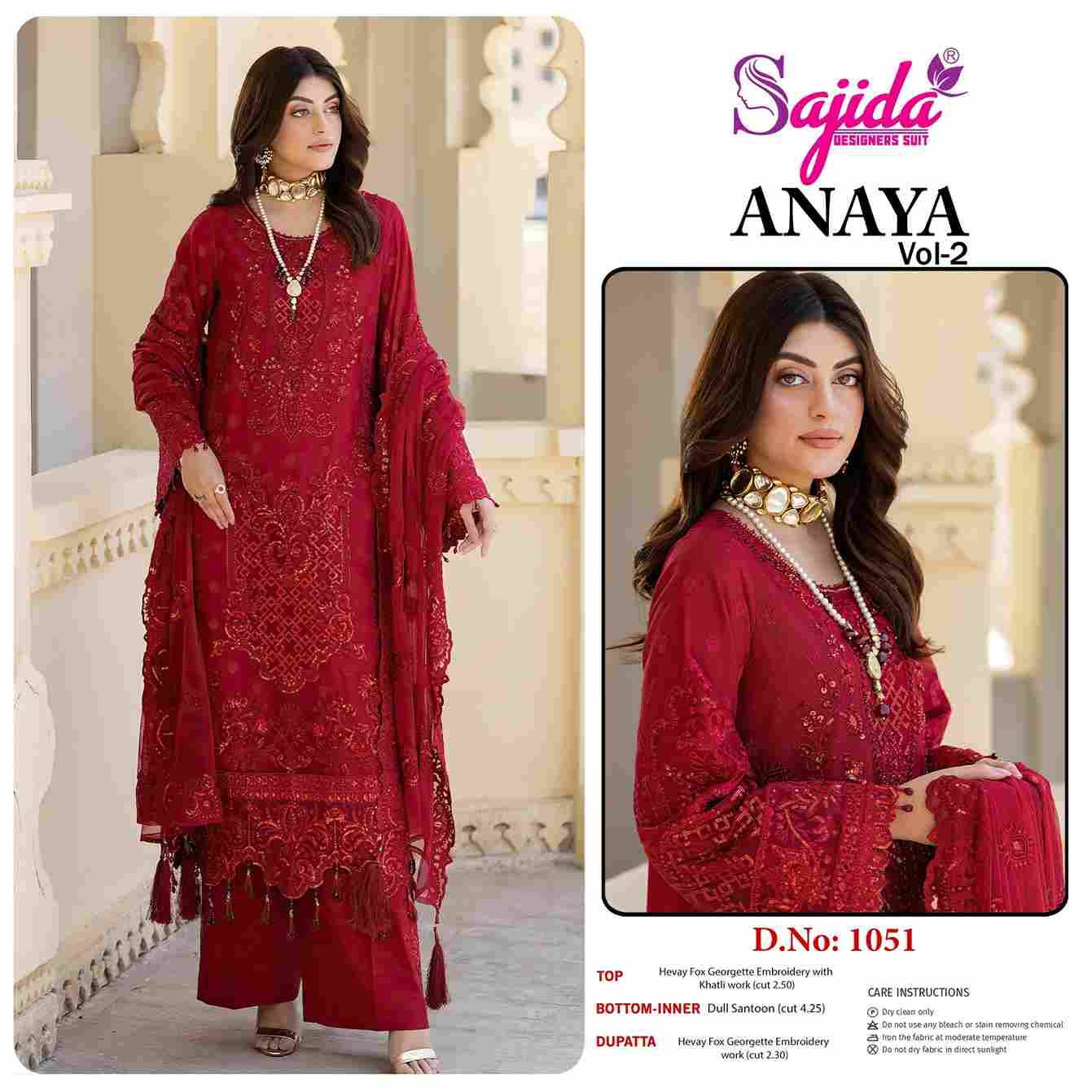 Anaya Vol-2 By Sajida Designer Suit 1051 To 1053 Series Designer Pakistani Suits Beautiful Fancy Stylish Colorful Party Wear & Occasional Wear Faux Georgette With Embroidery Dresses At Wholesale Price