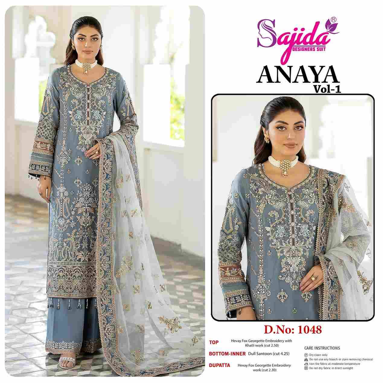 Anaya Vol-1 By Sajida Designer Suit 1048 To 1050 Series Designer Pakistani Suits Beautiful Fancy Stylish Colorful Party Wear & Occasional Wear Faux Georgette With Embroidery Dresses At Wholesale Price