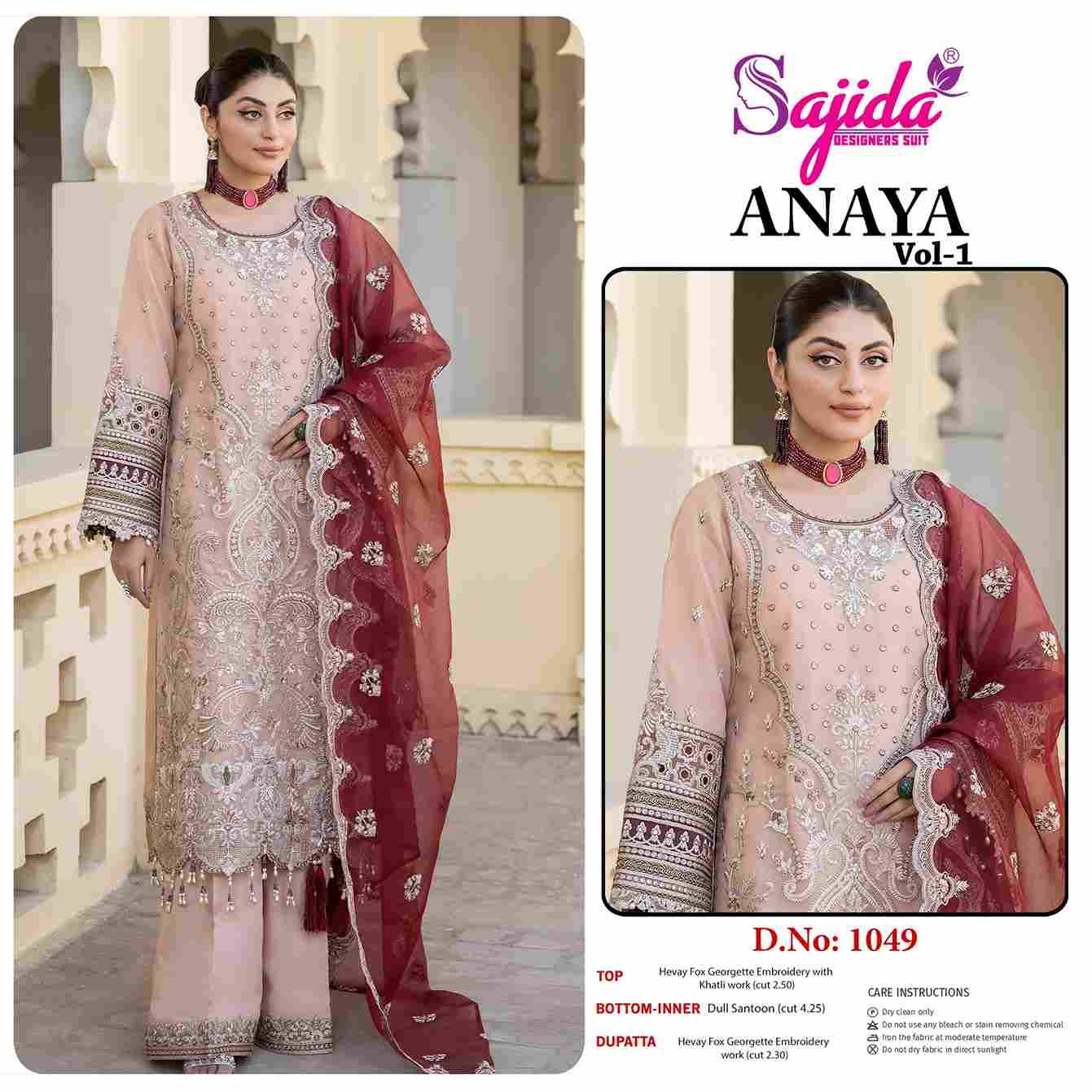 Anaya Vol-1 By Sajida Designer Suit 1048 To 1050 Series Designer Pakistani Suits Beautiful Fancy Stylish Colorful Party Wear & Occasional Wear Faux Georgette With Embroidery Dresses At Wholesale Price