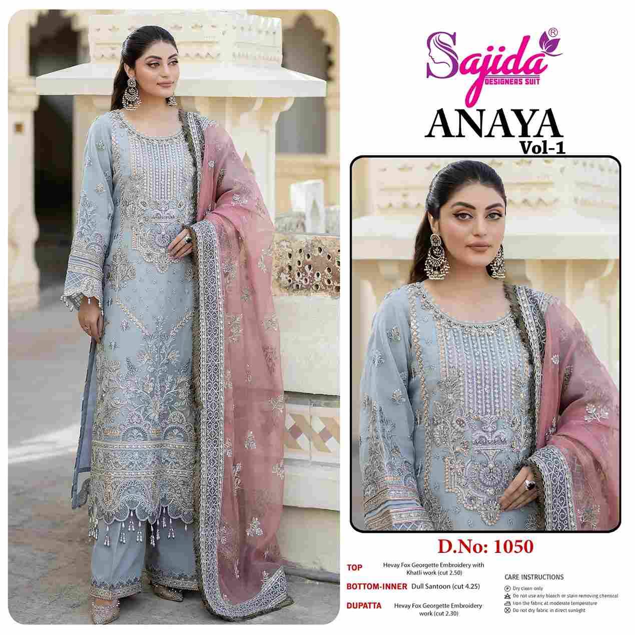 Anaya Vol-1 By Sajida Designer Suit 1048 To 1050 Series Designer Pakistani Suits Beautiful Fancy Stylish Colorful Party Wear & Occasional Wear Faux Georgette With Embroidery Dresses At Wholesale Price