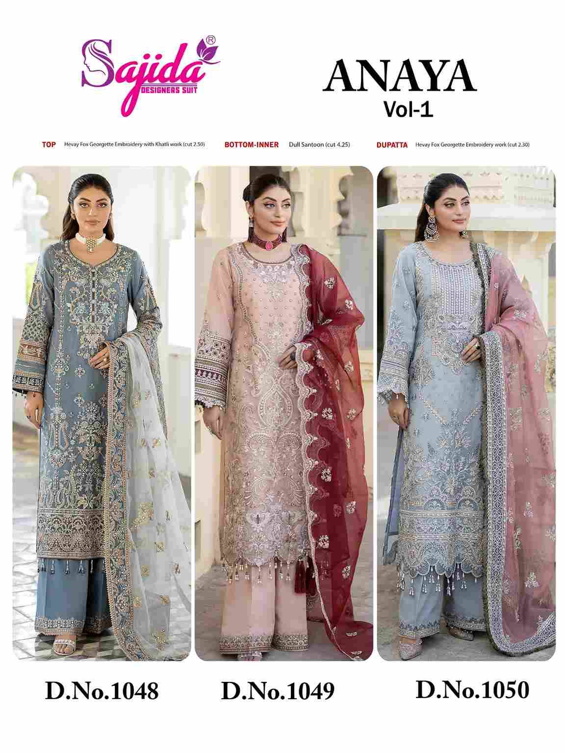 Anaya Vol-1 By Sajida Designer Suit 1048 To 1050 Series Designer Pakistani Suits Beautiful Fancy Stylish Colorful Party Wear & Occasional Wear Faux Georgette With Embroidery Dresses At Wholesale Price