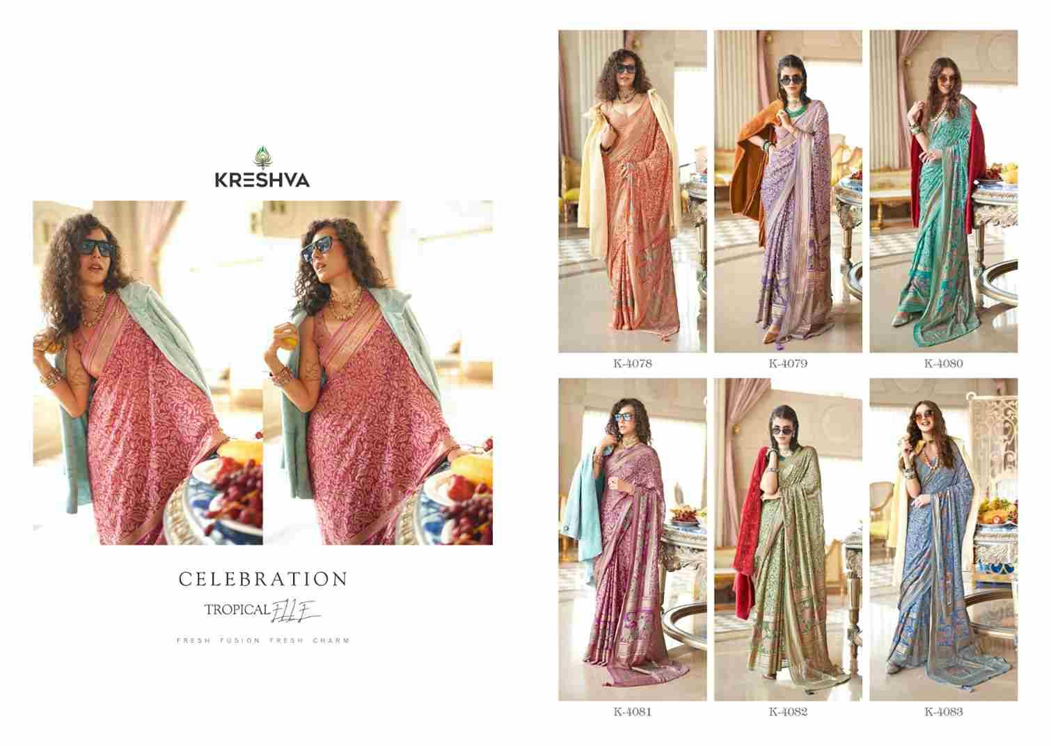 Celebration By Kreshva 4078 To 4083 Series Indian Traditional Wear Collection Beautiful Stylish Fancy Colorful Party Wear & Occasional Wear Georgette Sarees At Wholesale Price