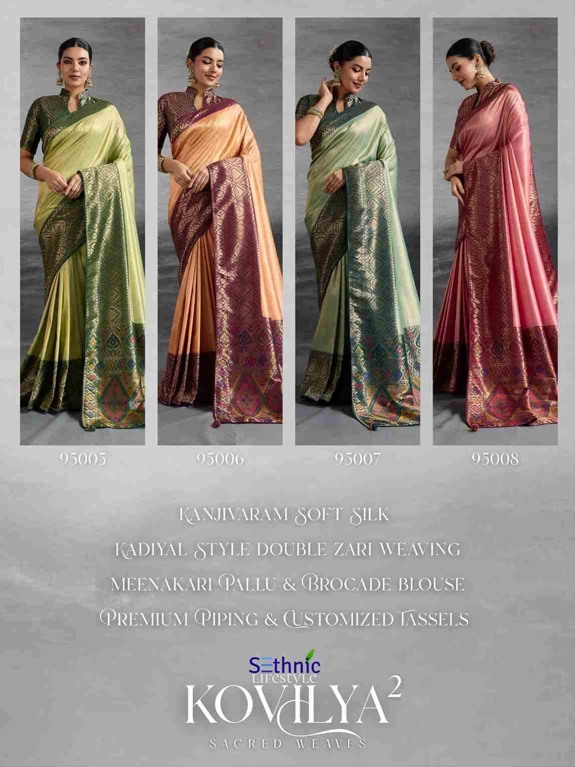 Kovilya Vol-2 By Sethnic 95005 To 95008 Series Indian Traditional Wear Collection Beautiful Stylish Fancy Colorful Party Wear & Occasional Wear Kanjivaram Silk Sarees At Wholesale Price