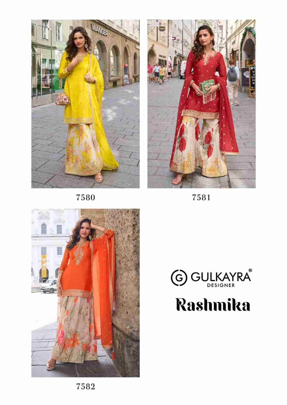 Rashmika By Gulkayra Designer 7580 To 7582 Series Designer Sharara Suits Collection Beautiful Stylish Fancy Colorful Party Wear & Occasional Wear Heavy Chinnon Dresses At Wholesale Price