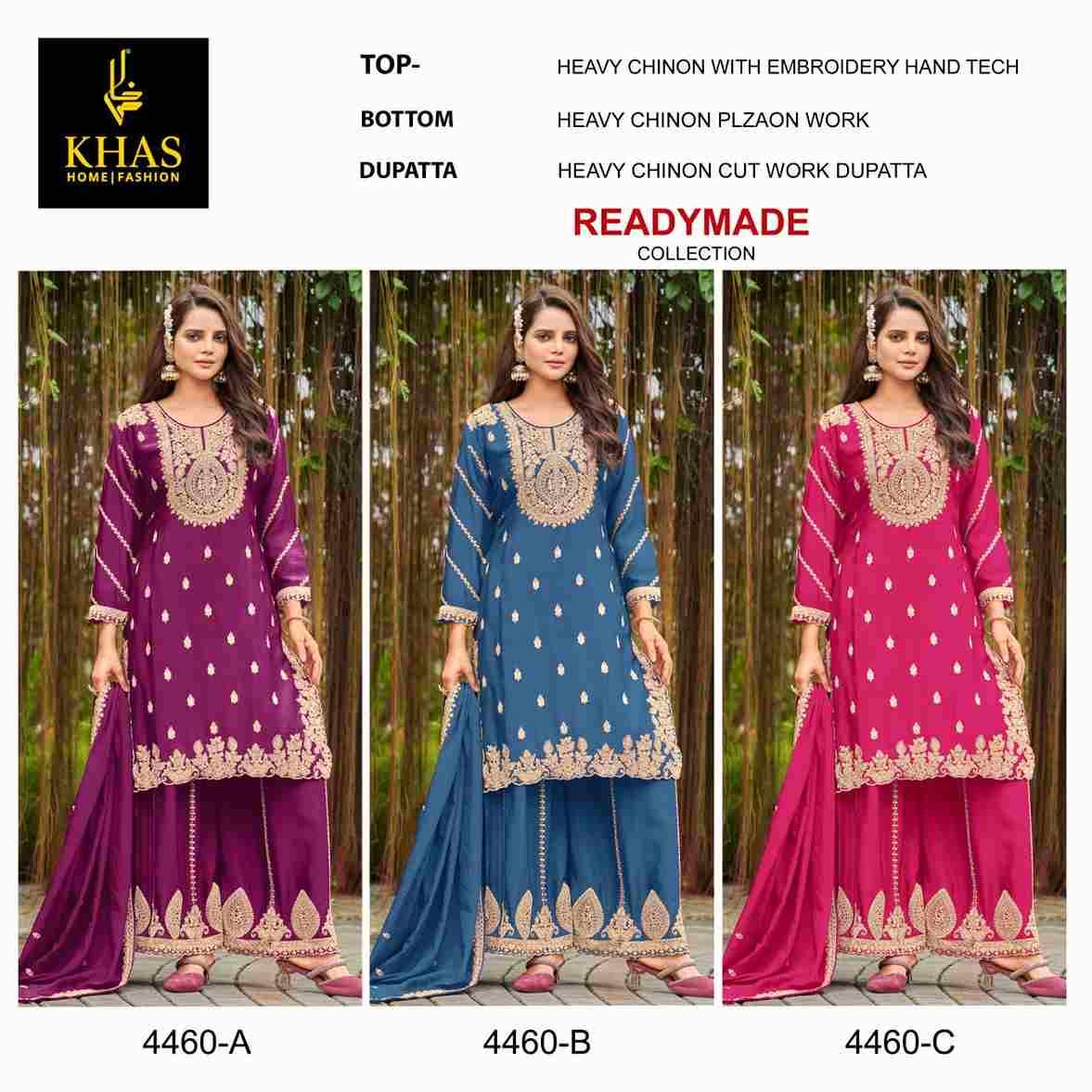 Khas 4460 Colours By Khas 4460-A To 4460-C Series Beautiful Pakistani Suits Colorful Stylish Fancy Casual Wear & Ethnic Wear Heavy Chinnon Dresses At Wholesale Price