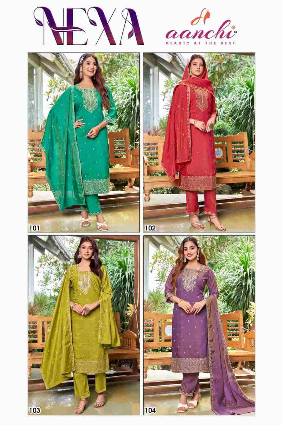 Nexa By Aanchi 101 To 104 Series Beautiful Festive Suits Colorful Stylish Fancy Casual Wear & Ethnic Wear Roman Simmer Dresses At Wholesale Price