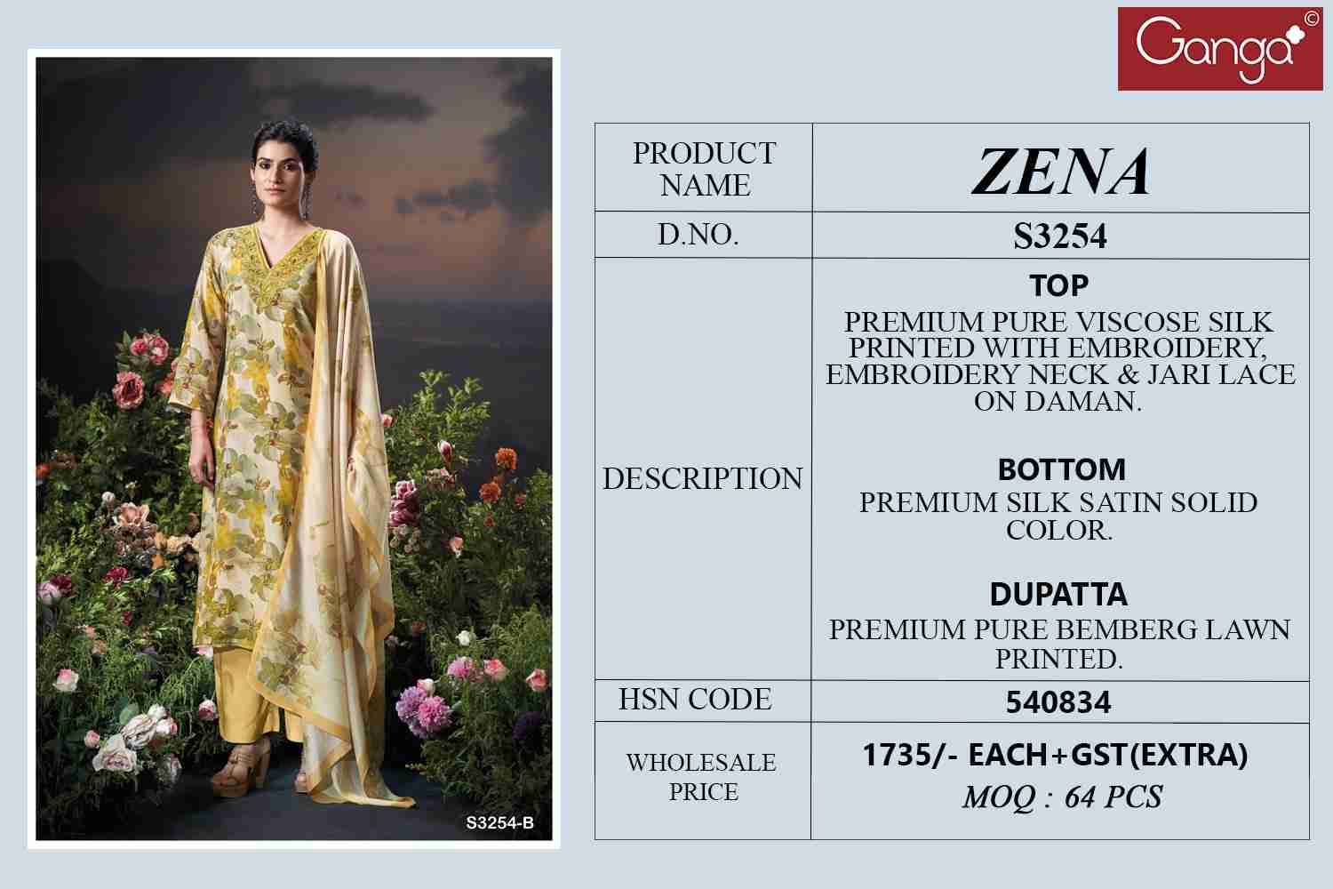 Zena-3254 By Ganga Fashion 3254-A To 3254-B Series Beautiful Festive Suits Colorful Stylish Fancy Casual Wear & Ethnic Wear Pure Viscose Silk Dresses At Wholesale Price