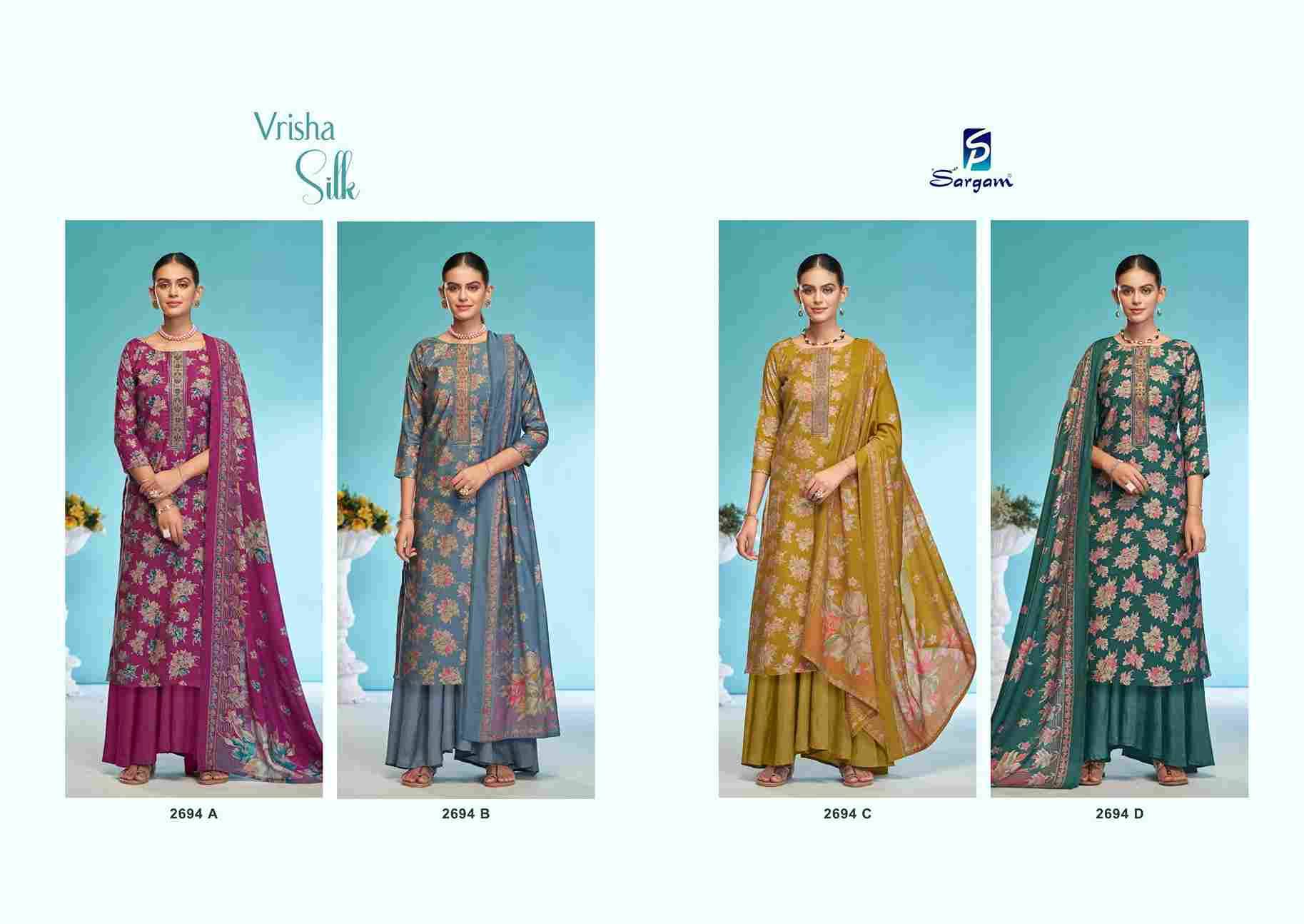 Vrisha Silk By Sargam Prints 2694-A To 2694-D Series Beautiful Festive Suits Stylish Fancy Colorful Casual Wear & Ethnic Wear Pure Viscose Muslin Print Dresses At Wholesale Price