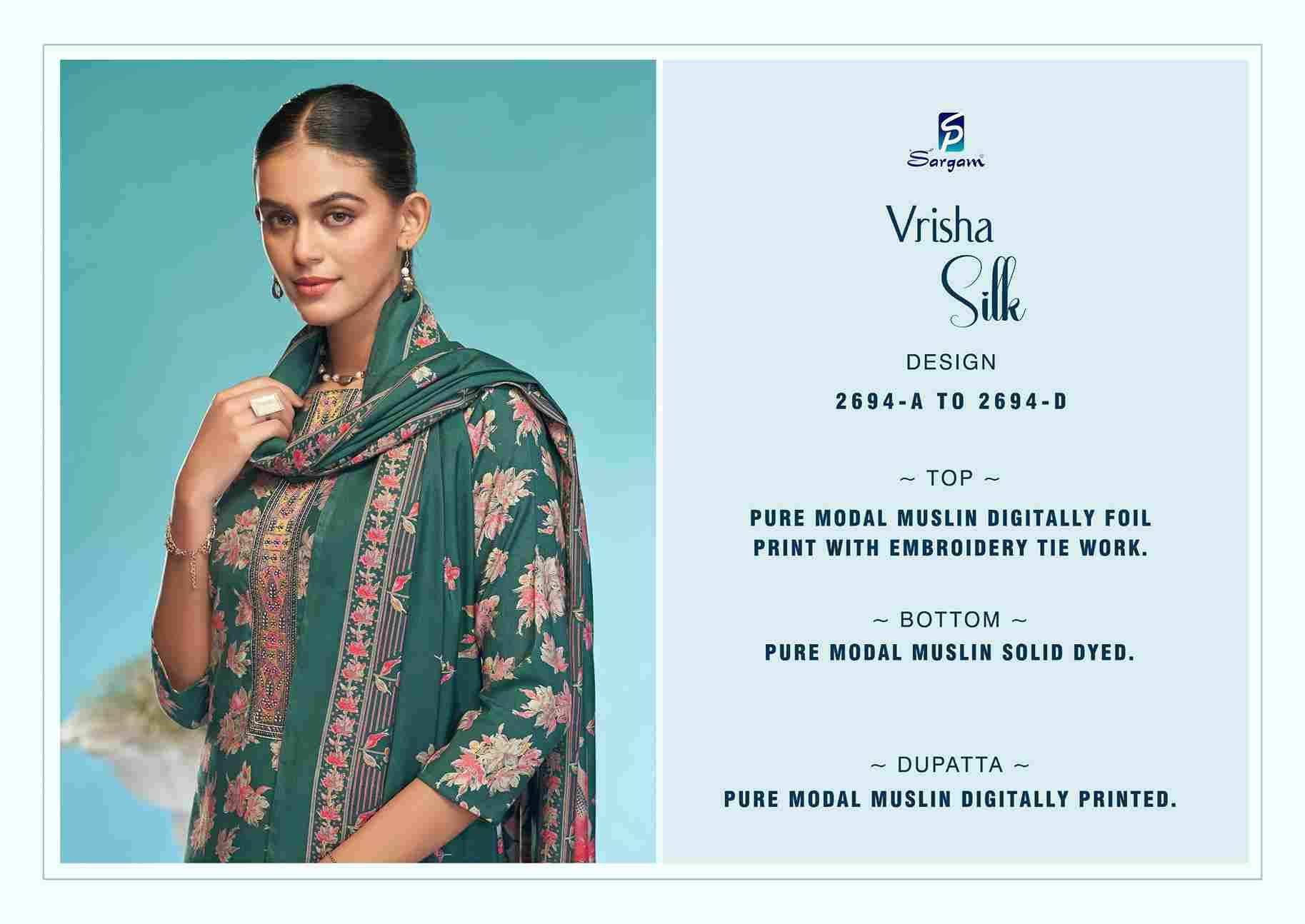 Vrisha Silk By Sargam Prints 2694-A To 2694-D Series Beautiful Festive Suits Stylish Fancy Colorful Casual Wear & Ethnic Wear Pure Viscose Muslin Print Dresses At Wholesale Price