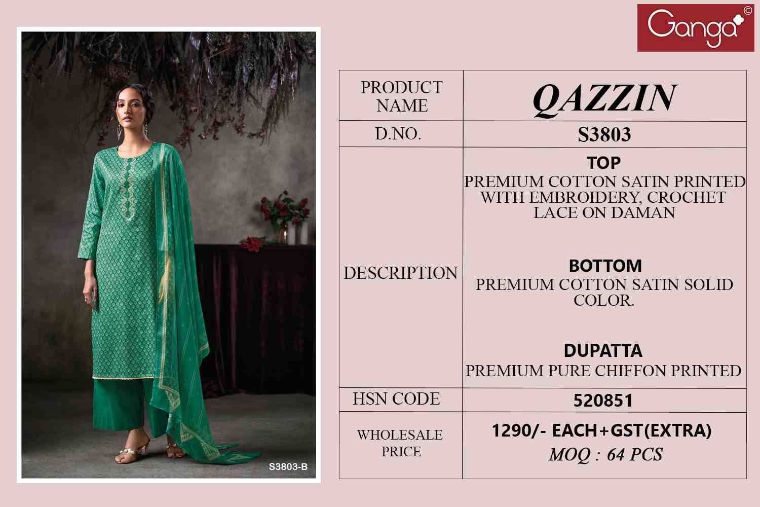Qazzin-3803 By Ganga Fashion 3803-A To 3803-D Series Beautiful Festive Suits Colorful Stylish Fancy Casual Wear & Ethnic Wear Pure Cotton Satin Dresses At Wholesale Price