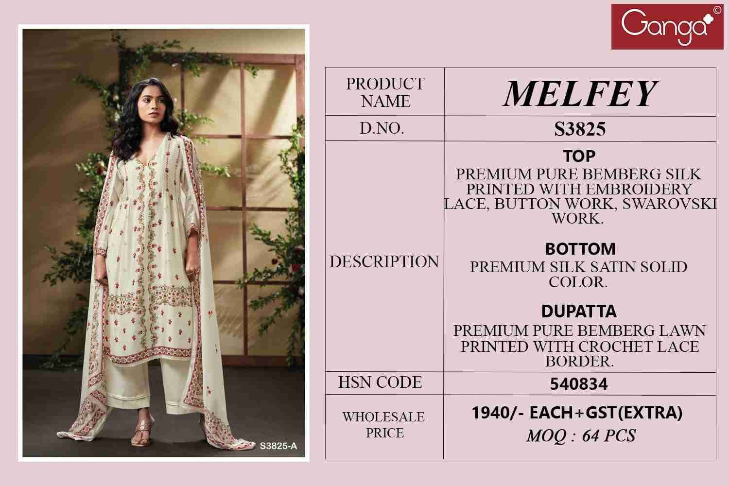 Melfey-3825 By Ganga Fashion 3825-A To 3825-D Series Beautiful Festive Suits Colorful Stylish Fancy Casual Wear & Ethnic Wear Pure Bemberg Silk Dresses At Wholesale Price