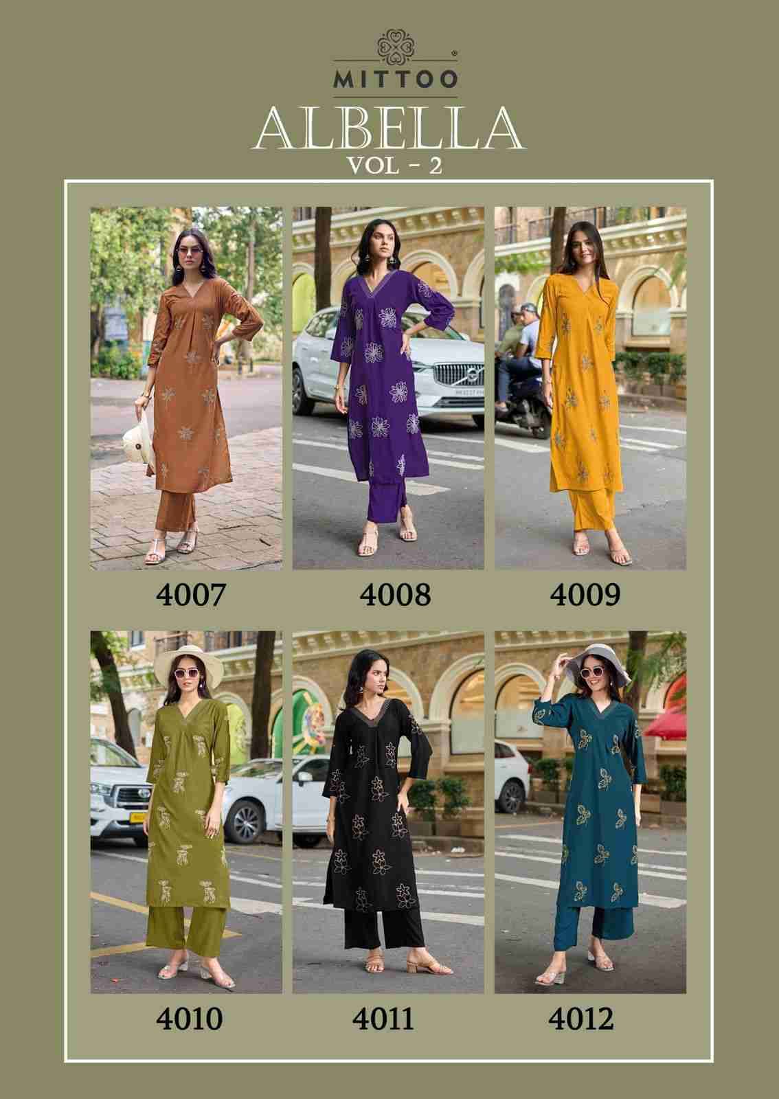 Albella Vol-2 By Mittoo 4007 To 4012 Series Designer Stylish Fancy Colorful Beautiful Party Wear & Ethnic Wear Collection Rayon Print Kurtis With Bottom At Wholesale Price