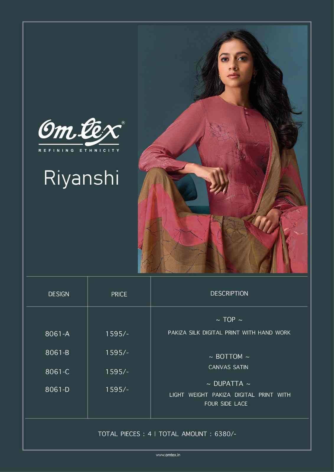 Riyanshi By Om Tex 8061-A To 8061-D Series Beautiful Festive Suits Colorful Stylish Fancy Casual Wear & Ethnic Wear Silk Print With Work Dresses At Wholesale Price