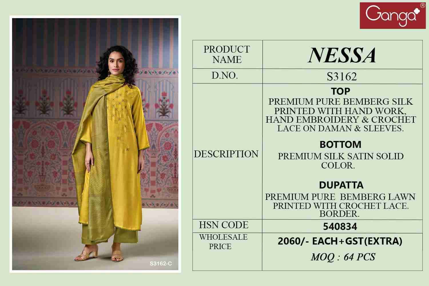 Nessa-3162 By Ganga Fashion 3162-A To 3162-C Series Beautiful Festive Suits Colorful Stylish Fancy Casual Wear & Ethnic Wear Pure Bemberg Silk Dresses At Wholesale Price