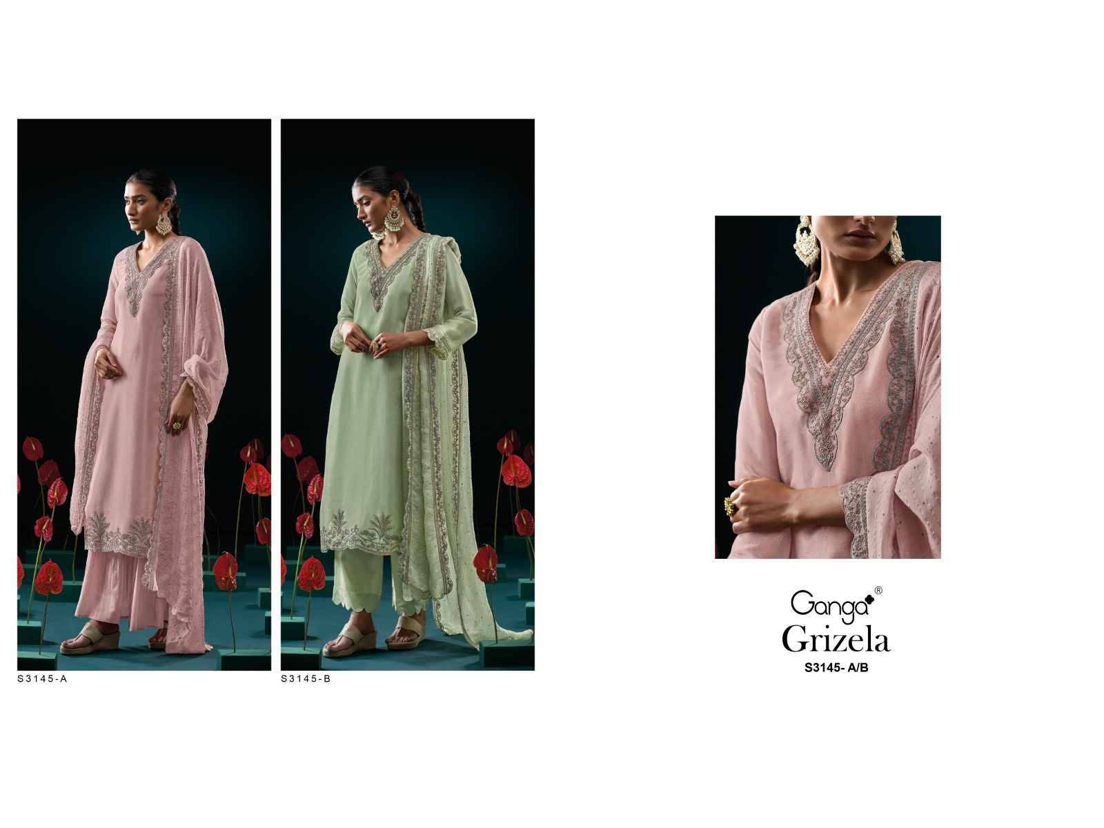 Grizela-3145 By Ganga Fashion 3145-A To 3145-B Series Beautiful Festive Suits Colorful Stylish Fancy Casual Wear & Ethnic Wear Pure Bemberg Silk Dresses At Wholesale Price