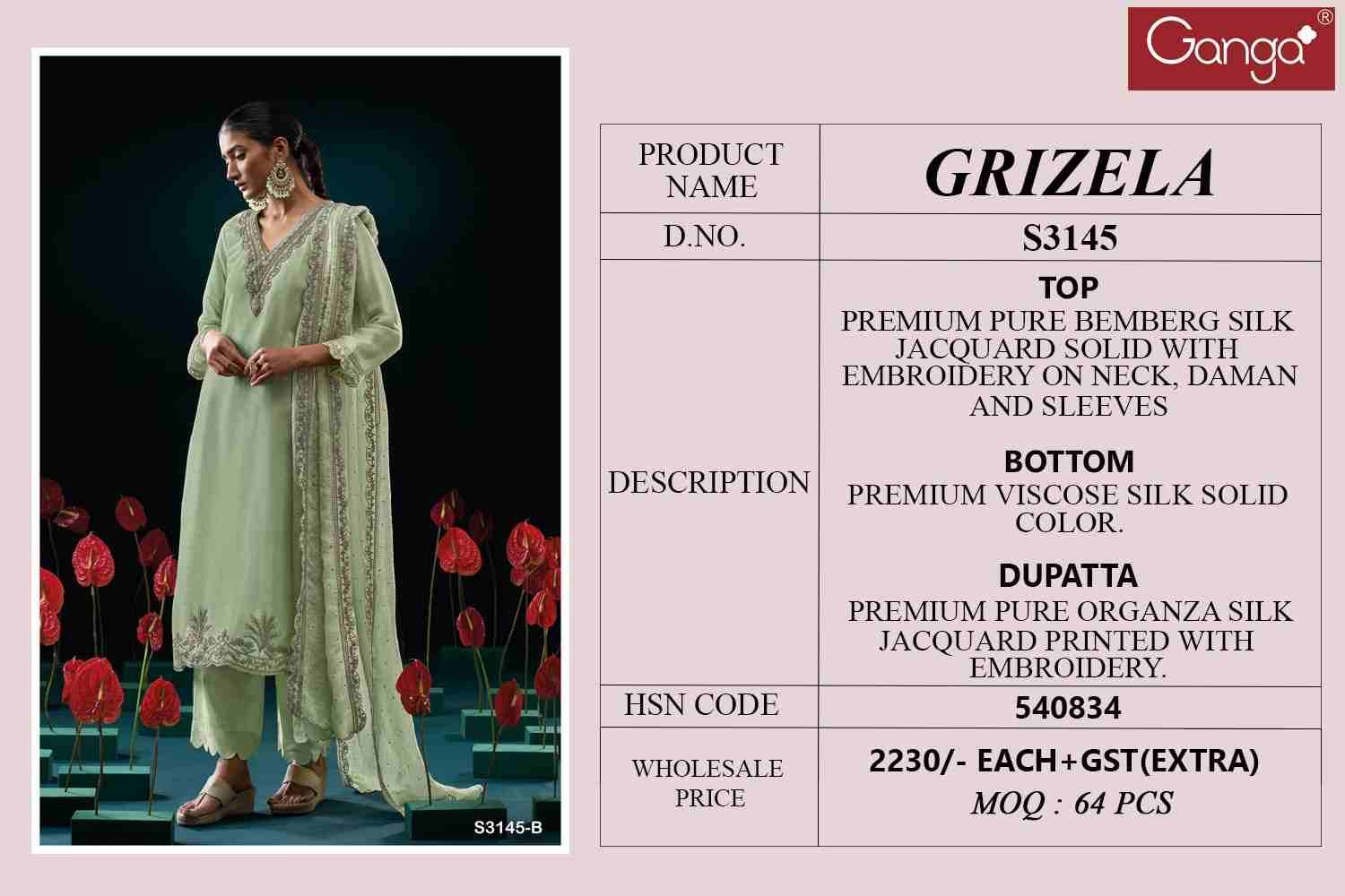 Grizela-3145 By Ganga Fashion 3145-A To 3145-B Series Beautiful Festive Suits Colorful Stylish Fancy Casual Wear & Ethnic Wear Pure Bemberg Silk Dresses At Wholesale Price