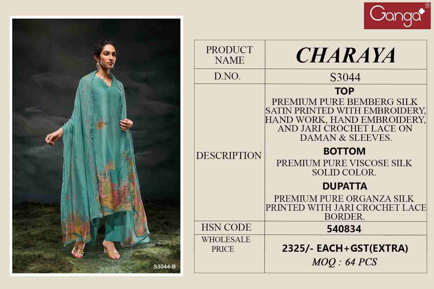 Charaya-3044 By Ganga Fashion 3044-A To 3044-D Series Beautiful Festive Suits Colorful Stylish Fancy Casual Wear & Ethnic Wear Pure Bemberg Silk Dresses At Wholesale Price