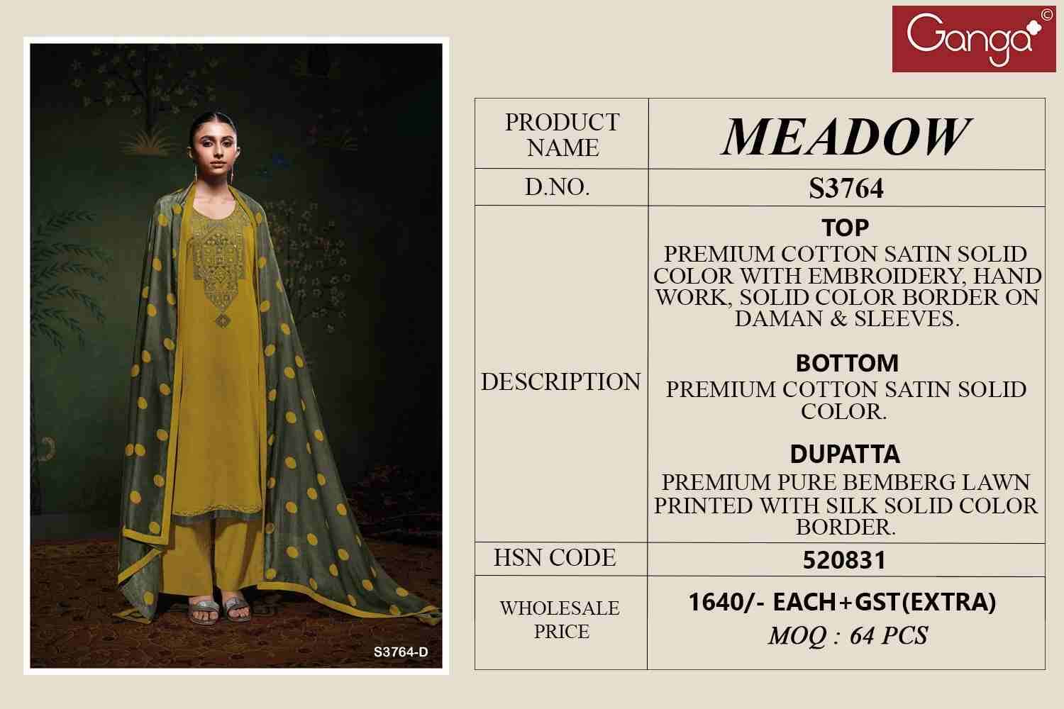 Meadow-3764 By Ganga Fashion 3764-A To 3764-D Series Beautiful Festive Suits Colorful Stylish Fancy Casual Wear & Ethnic Wear Pure Cotton Satin Dresses At Wholesale Price