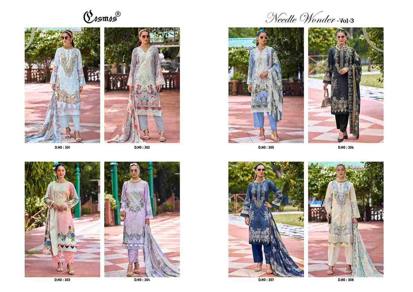 Needle Wonder Vol-3 By Cosmos 301 To 308 Series Beautiful Pakistani Suits Colorful Stylish Fancy Casual Wear & Ethnic Wear Lawn Cotton Embroidered Dresses At Wholesale Price