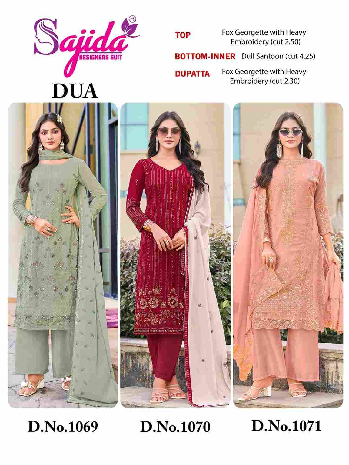Dua By Sajida Designer Suits 1069 To 1071 Series Designer Pakistani Suits Beautiful Fancy Stylish Colorful Party Wear & Occasional Wear Faux Georgette With Embroidery Dresses At Wholesale Price