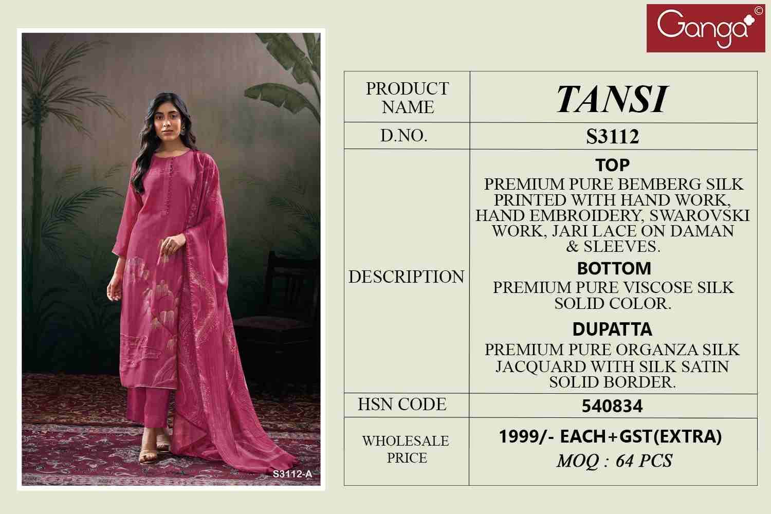 Tansi-3112 By Ganga Fashion 3112-A To 3112-D Series Beautiful Festive Suits Colorful Stylish Fancy Casual Wear & Ethnic Wear Pure Bemberg Silk Dresses At Wholesale Price