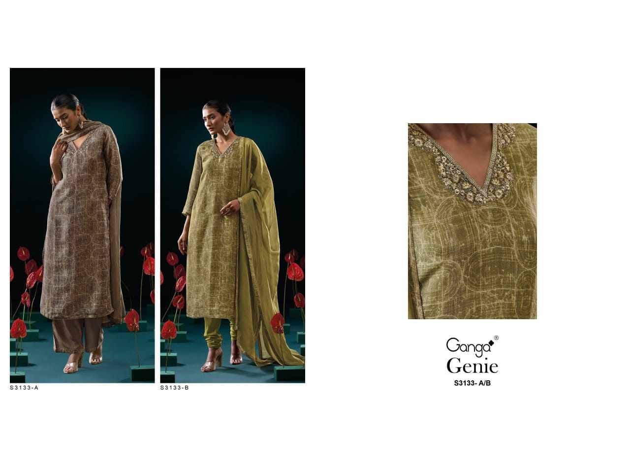 Genie-3133 By Ganga Fashion 3133-A To 3133-B Series Beautiful Festive Suits Colorful Stylish Fancy Casual Wear & Ethnic Wear Pure Bemberg Silk Dresses At Wholesale Price