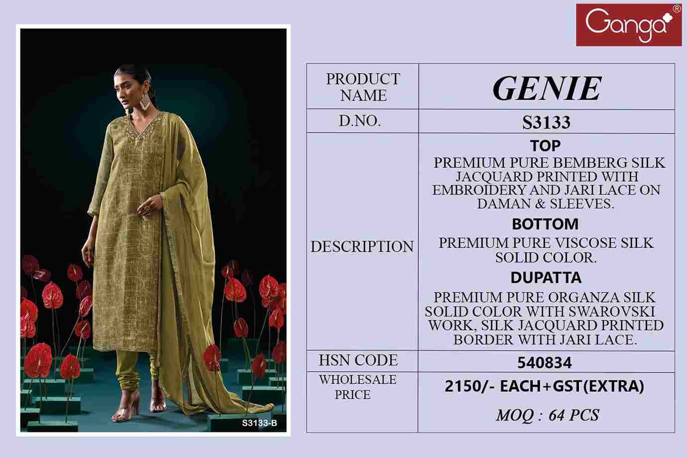 Genie-3133 By Ganga Fashion 3133-A To 3133-B Series Beautiful Festive Suits Colorful Stylish Fancy Casual Wear & Ethnic Wear Pure Bemberg Silk Dresses At Wholesale Price
