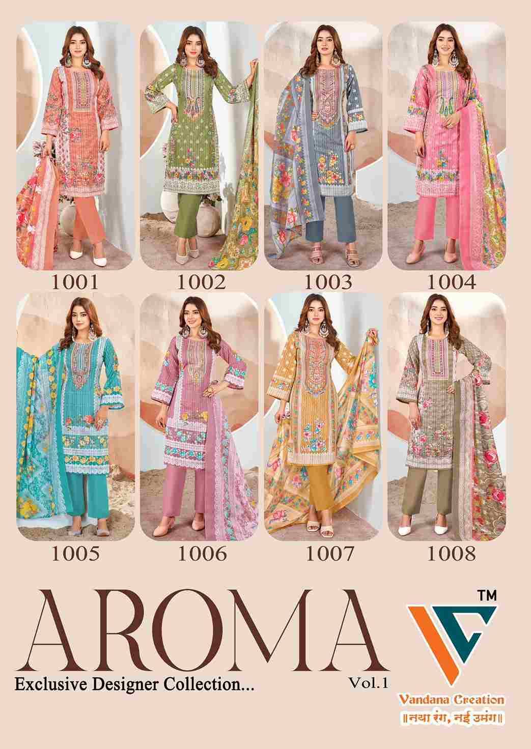 Aroma Vol-1 By Vandana Creation 1001 To 1008 Series Beautiful Festive Suits Stylish Fancy Colorful Casual Wear & Ethnic Wear Cotton Print Dresses At Wholesale Price