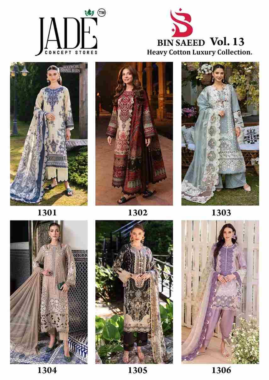 Bin Saeed Vol-13 By Jade 1301 To 1306 Series Beautiful Festive Suits Stylish Fancy Colorful Casual Wear & Ethnic Wear Pure Lawn Cotton Print Dresses At Wholesale Price