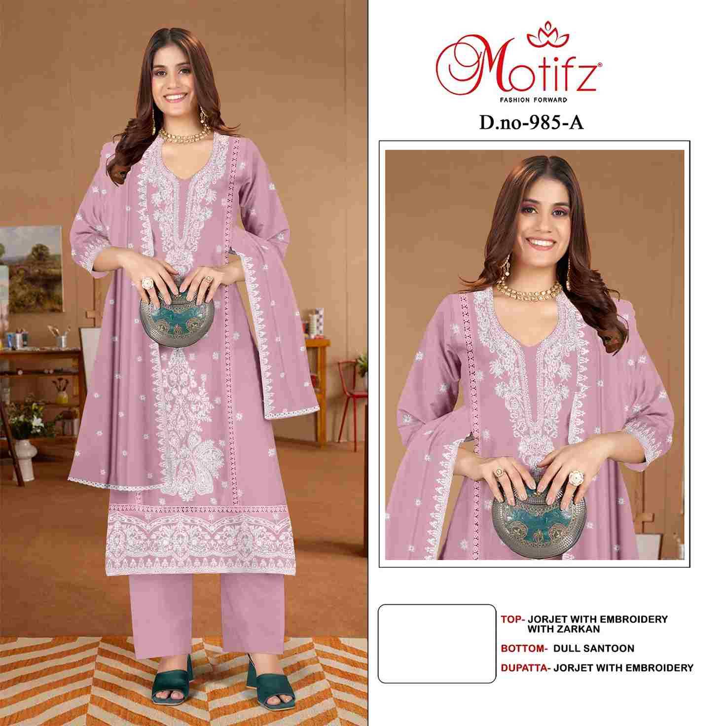 Motifz Hit Design 985 Colours By Motifz 985-A To 985-D Series Beautiful Pakistani Suits Colorful Stylish Fancy Casual Wear & Ethnic Wear Georgette Dresses At Wholesale Price