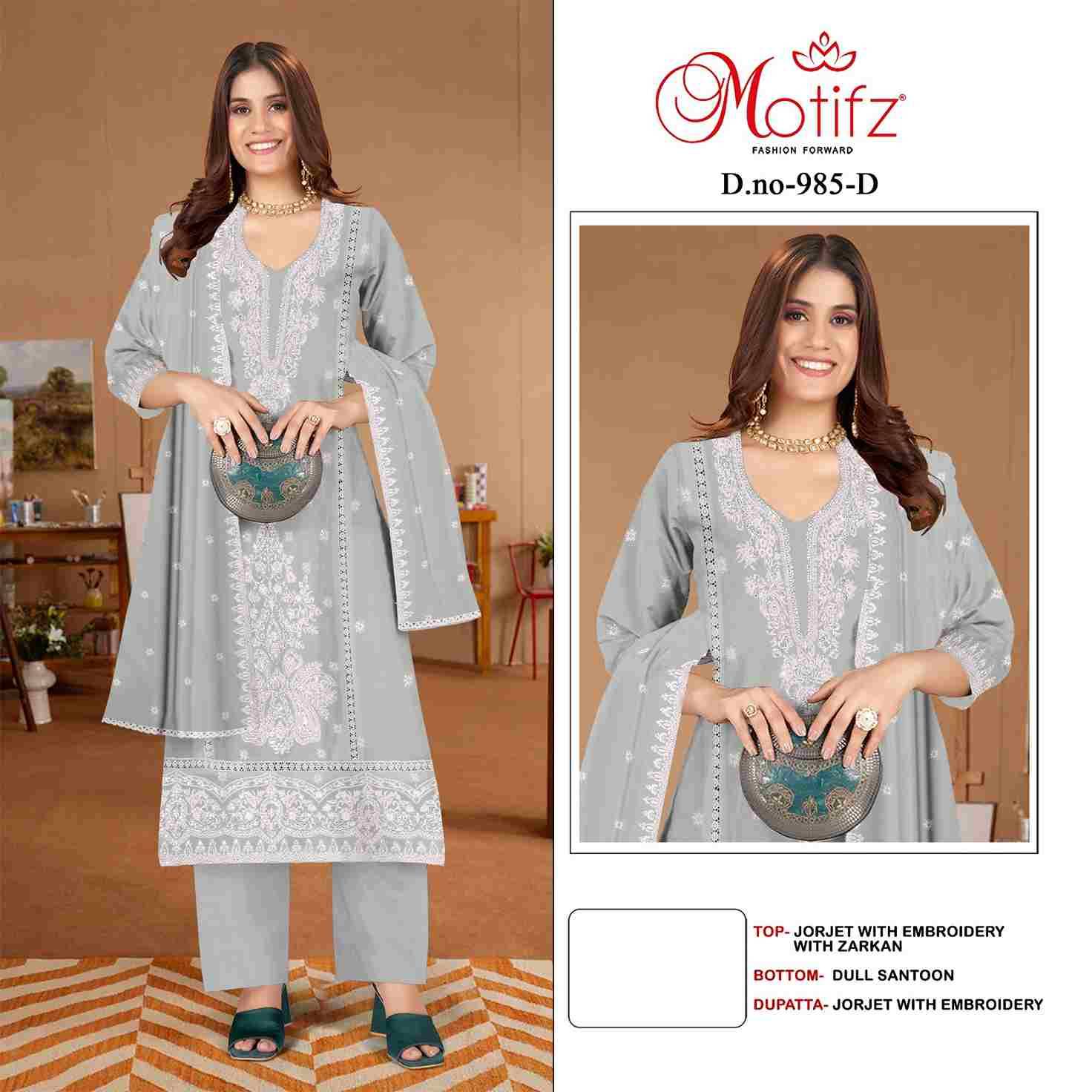 Motifz Hit Design 985 Colours By Motifz 985-A To 985-D Series Beautiful Pakistani Suits Colorful Stylish Fancy Casual Wear & Ethnic Wear Georgette Dresses At Wholesale Price