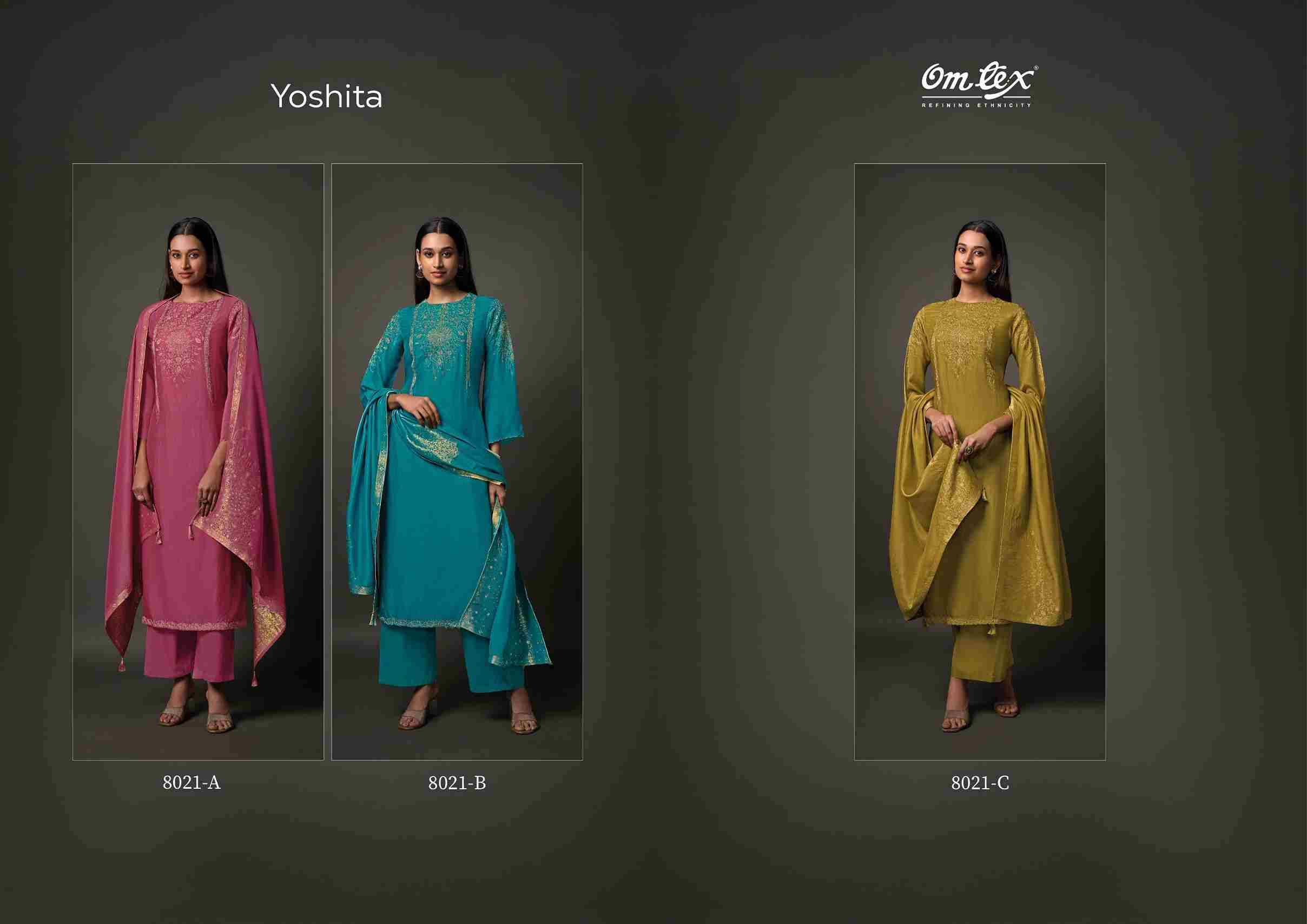 Yoshita By Om Tex 8021-A To 8021-C Series Beautiful Festive Suits Colorful Stylish Fancy Casual Wear & Ethnic Wear Silk Print With Work Dresses At Wholesale Price