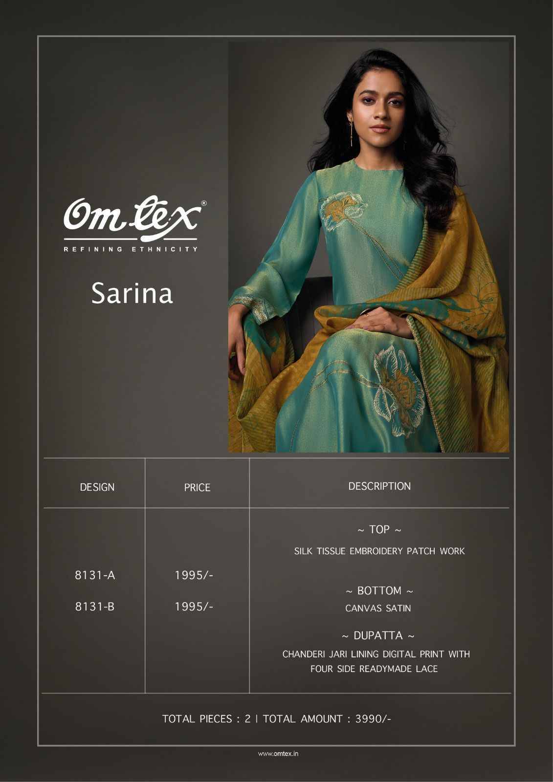 Sarina By Om Tex 8131-A To 8131-B Series Beautiful Festive Suits Colorful Stylish Fancy Casual Wear & Ethnic Wear Silk Print With Work Dresses At Wholesale Price