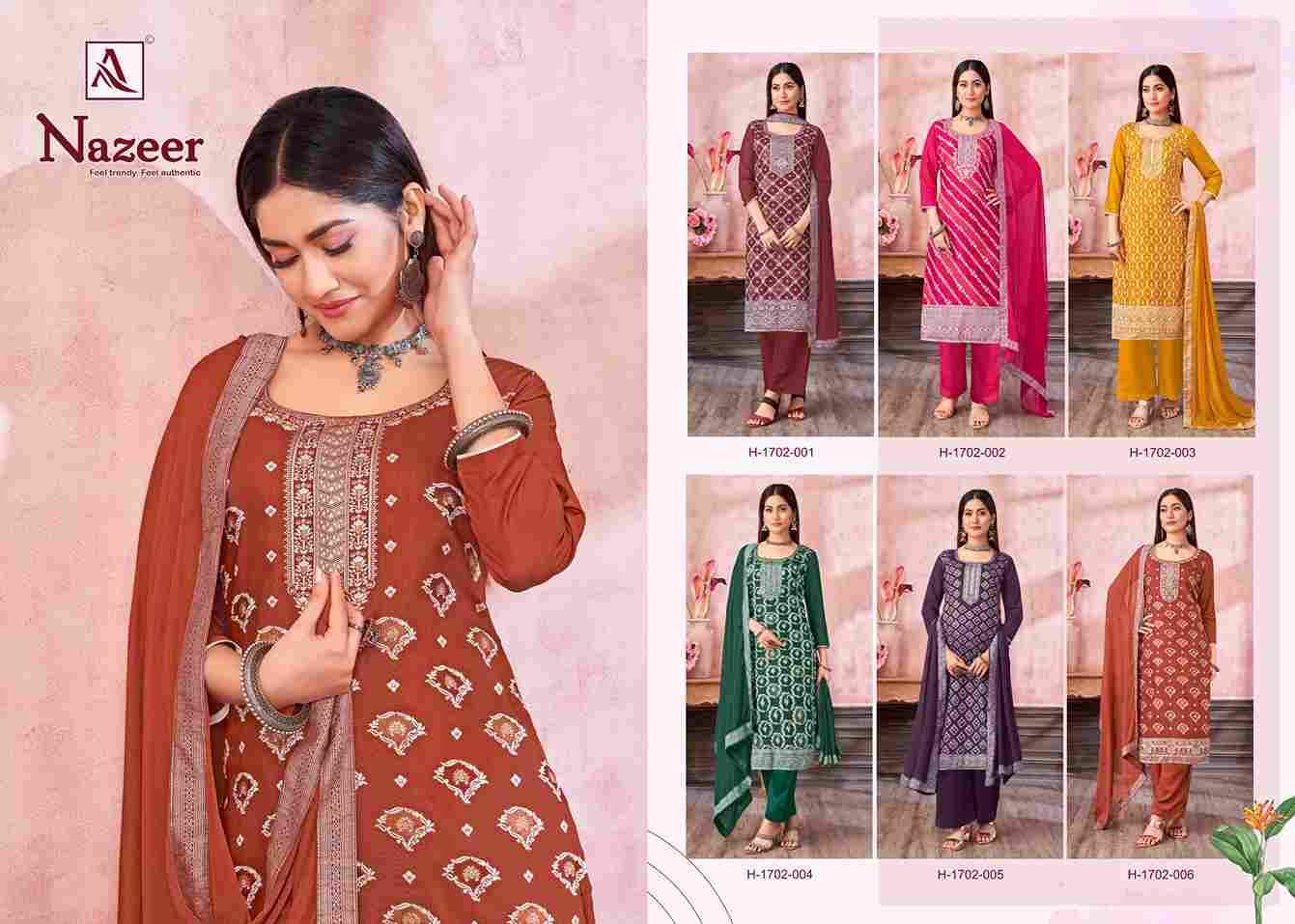 Nazeer By Alok Suit 1702-001 To 1702-006 Series Beautiful Festive Suits Colorful Stylish Fancy Casual Wear & Ethnic Wear Muslin Jacquard Dresses At Wholesale Price