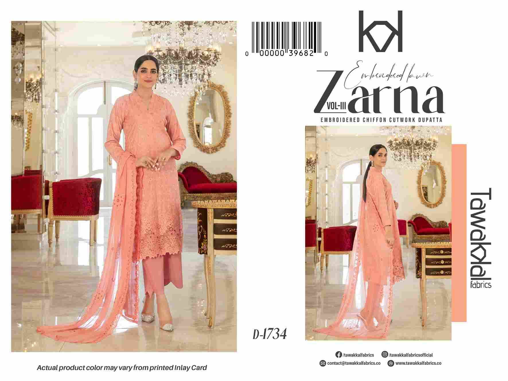 Original Pakistani Zarna Vol-3 By Tawakkal Fab 1731 To 1741 Series Beautiful Pakistani Suits Colorful Stylish Fancy Casual Wear & Ethnic Wear Lawn Dresses At Wholesale Price