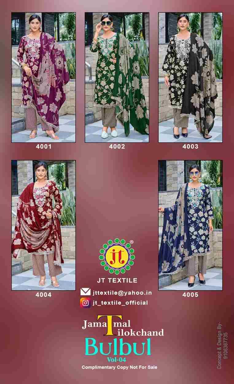 Bulbul Vol-4 By JT 4001 To 4005 Series Beautiful Festive Suits Colorful Stylish Fancy Casual Wear & Ethnic Wear Rayon Dresses At Wholesale Price
