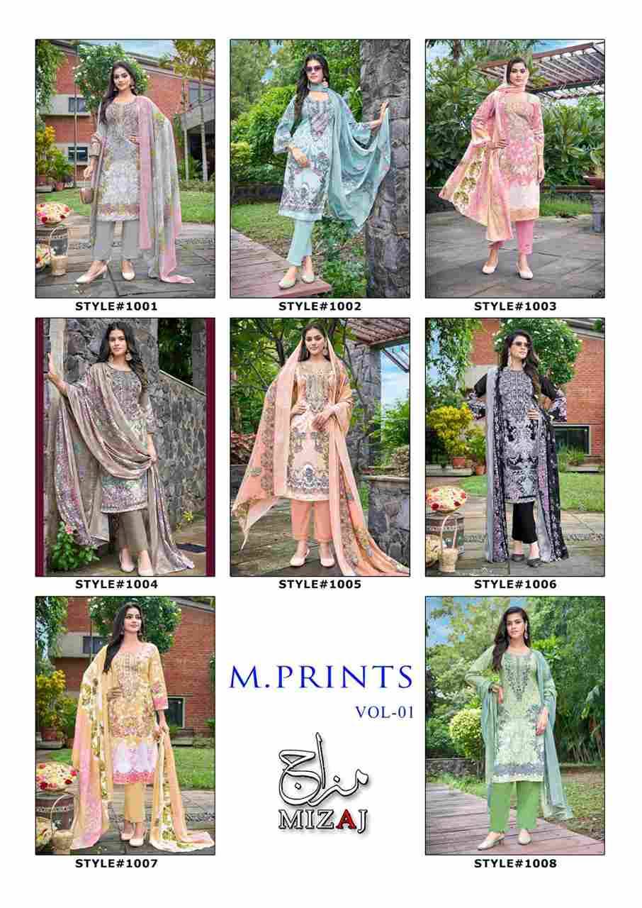 M.Prints Vol-1 By Mizaj 1001 To 1008 Series Beautiful Suits Colorful Stylish Fancy Casual Wear & Ethnic Wear Premium Cotton Print Dresses At Wholesale Price