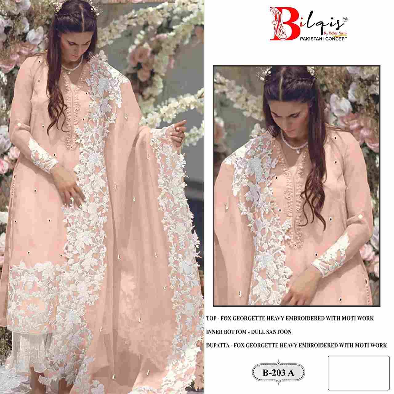 Bilqis 203 Colours By Bilqis 203-A To 203-D Series Beautiful Pakistani Suits Stylish Fancy Colorful Party Wear & Occasional Wear Faux Georgette Embroidery Dresses At Wholesale Price