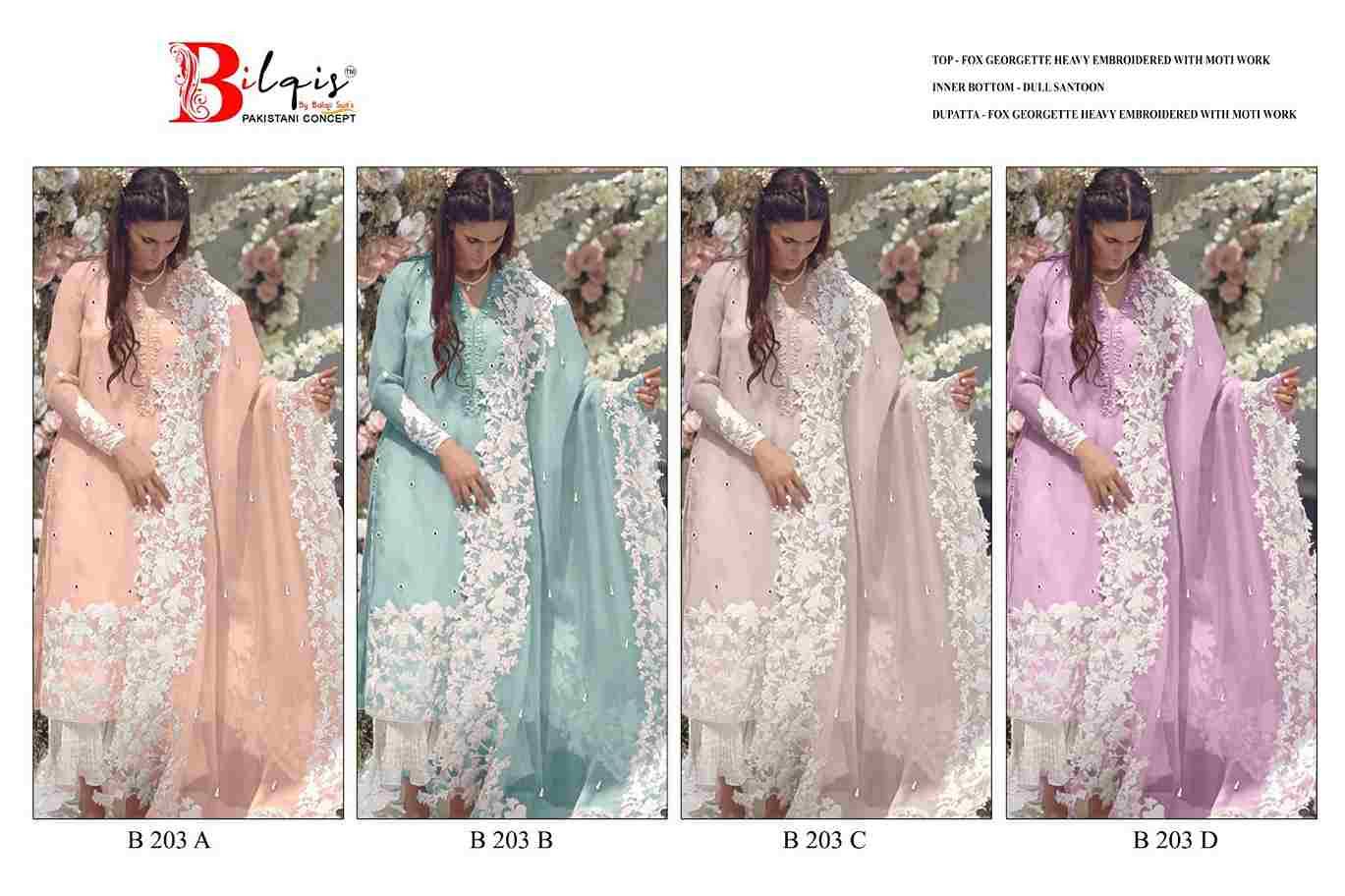 Bilqis 203 Colours By Bilqis 203-A To 203-D Series Beautiful Pakistani Suits Stylish Fancy Colorful Party Wear & Occasional Wear Faux Georgette Embroidery Dresses At Wholesale Price