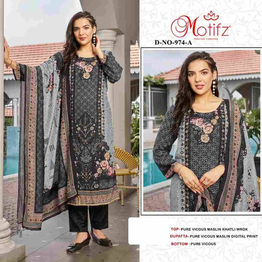 Motifz Hit Design 974 Colours By Motifz 974-A To 974-D Series Beautiful Pakistani Suits Colorful Stylish Fancy Casual Wear & Ethnic Wear Viscose Muslin Dresses At Wholesale Price